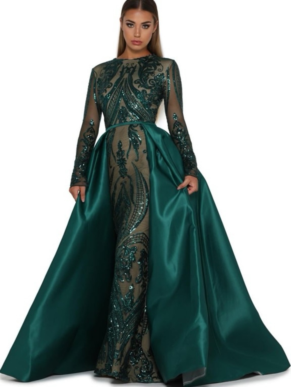 Portia and Scarlett Emerald Green Sequin Long Sleeve Mermaid Gown